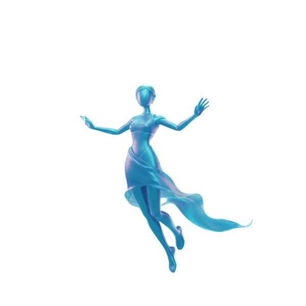 Blue figure with flowing dress on a white background